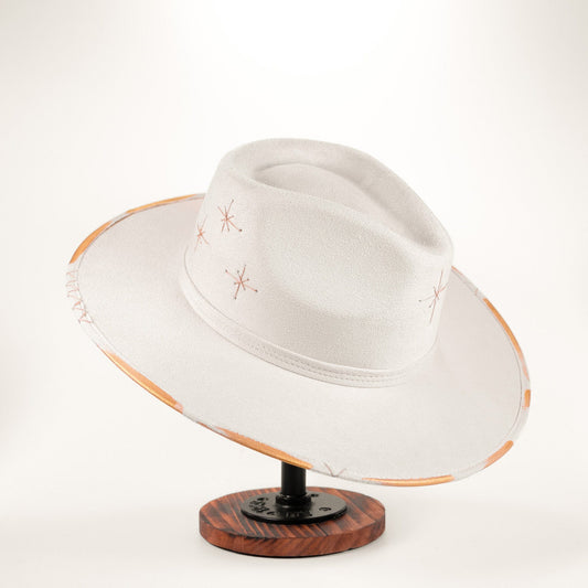 Aukala Hat Handcrafted Ixchel Star Hat – White Suede Fedora with Cosmic Embroidery