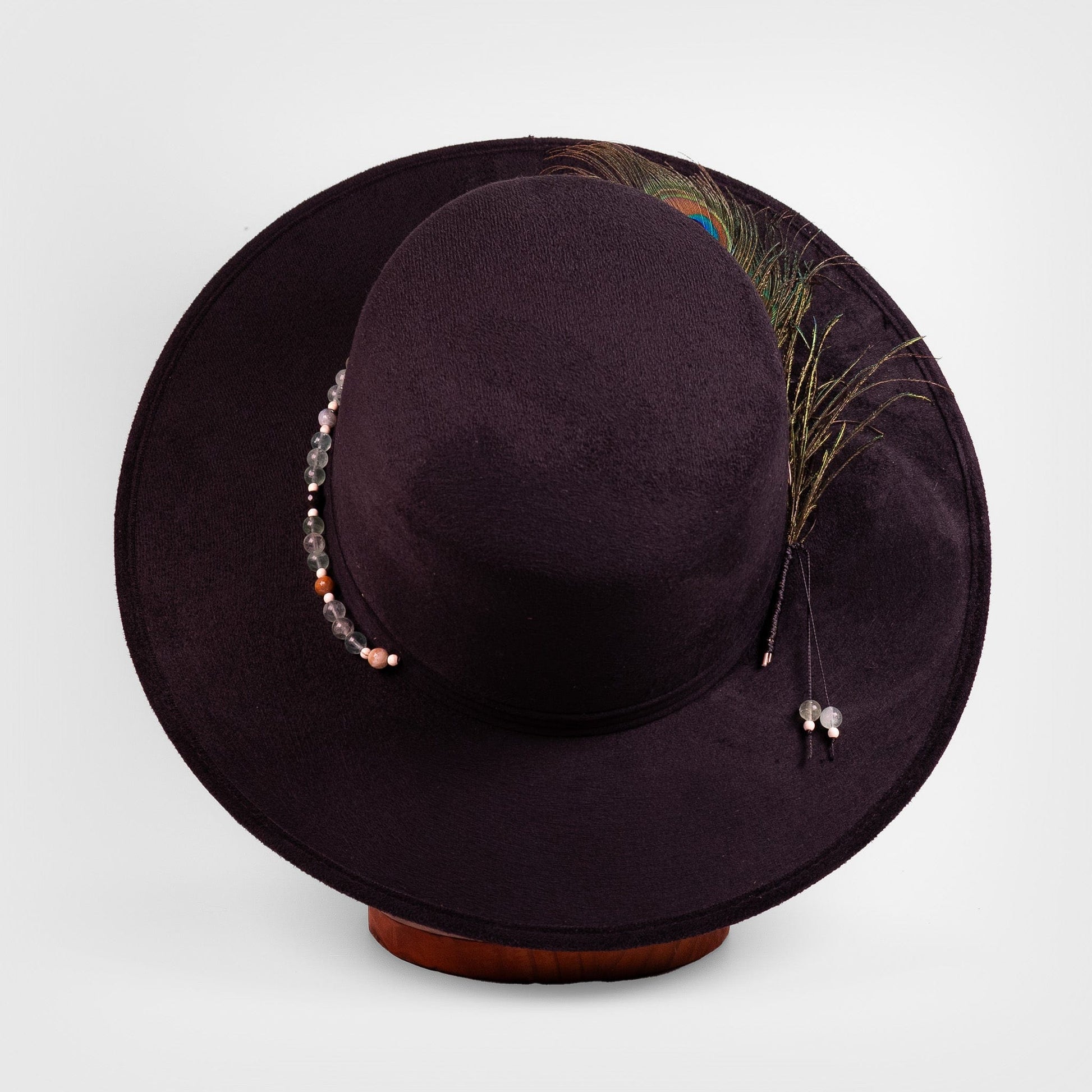 Aukala Hat L Celestial Nocturne – Black Suede Fedora with Peacock Feather & Stone Accents