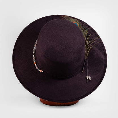 Aukala Hat L Celestial Nocturne – Black Suede Fedora with Peacock Feather & Stone Accents