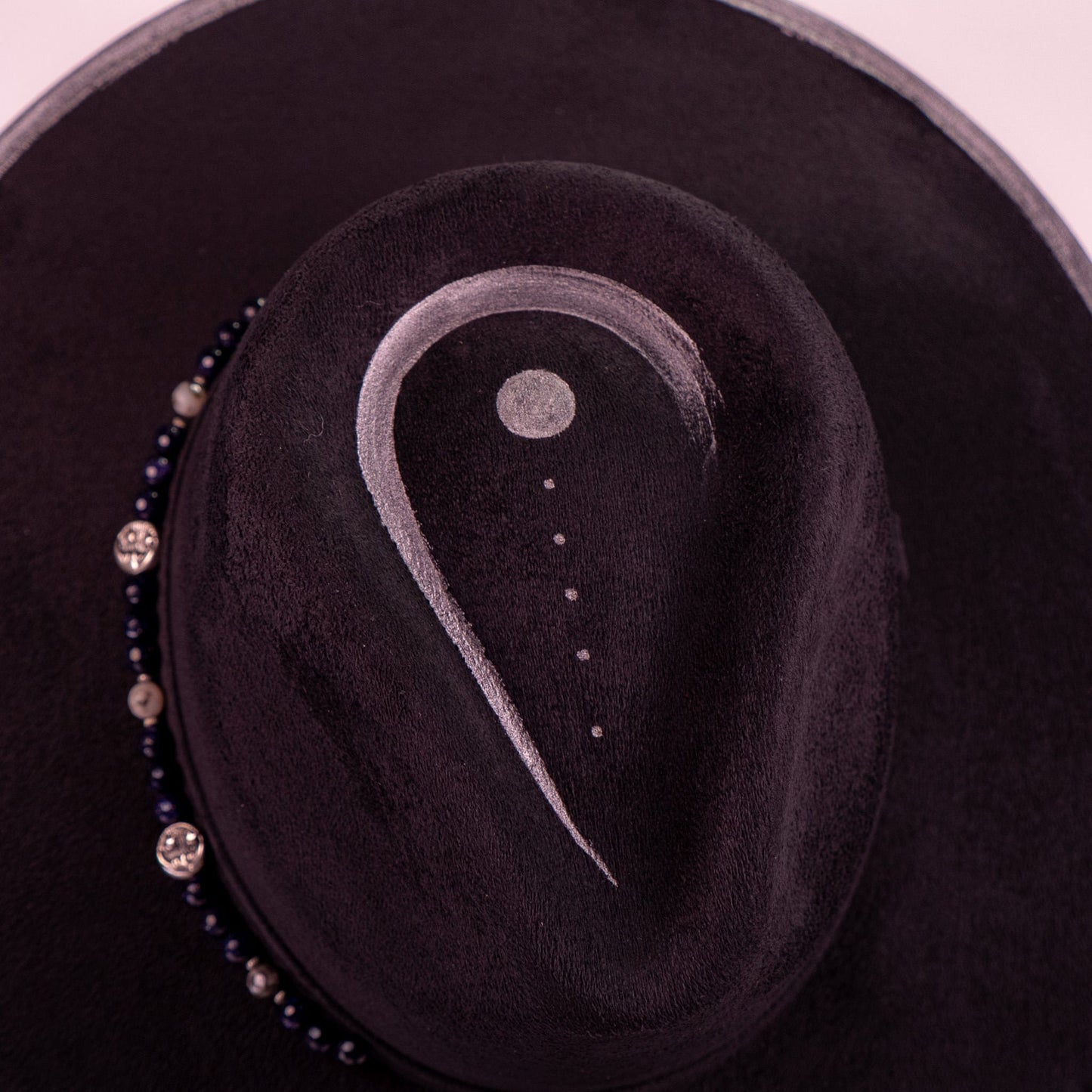 Aukala Hat Lunar Eclipse – Black Suede Fedora with Silver Accents & Celestial Art