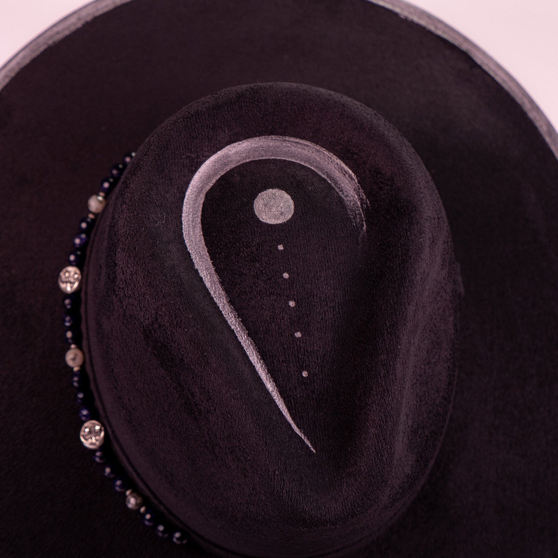 Aukala Hat Lunar Eclipse – Black Suede Fedora with Silver Accents & Celestial Art