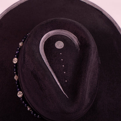 Aukala Hat Lunar Eclipse – Black Suede Fedora with Silver Accents & Celestial Art