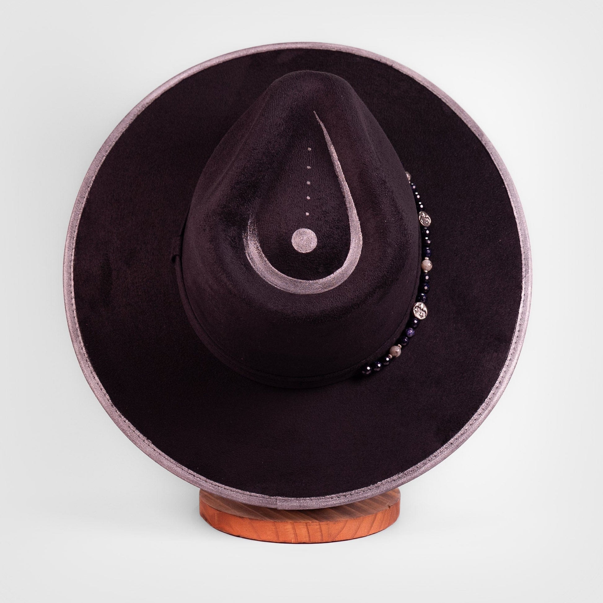 Aukala Hat Lunar Eclipse – Black Suede Fedora with Silver Accents & Celestial Art