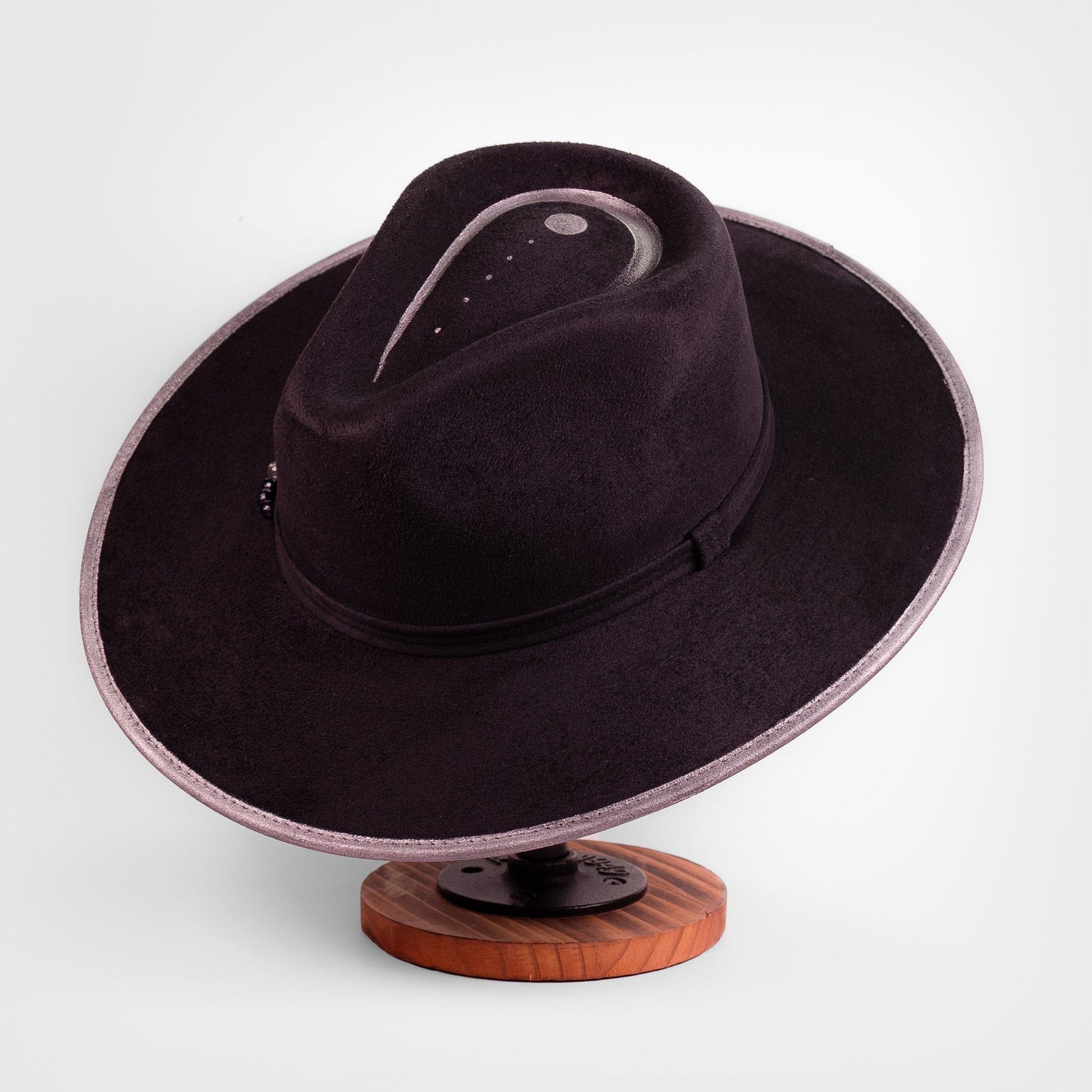 Aukala Hat Lunar Eclipse – Black Suede Fedora with Silver Accents & Celestial Art