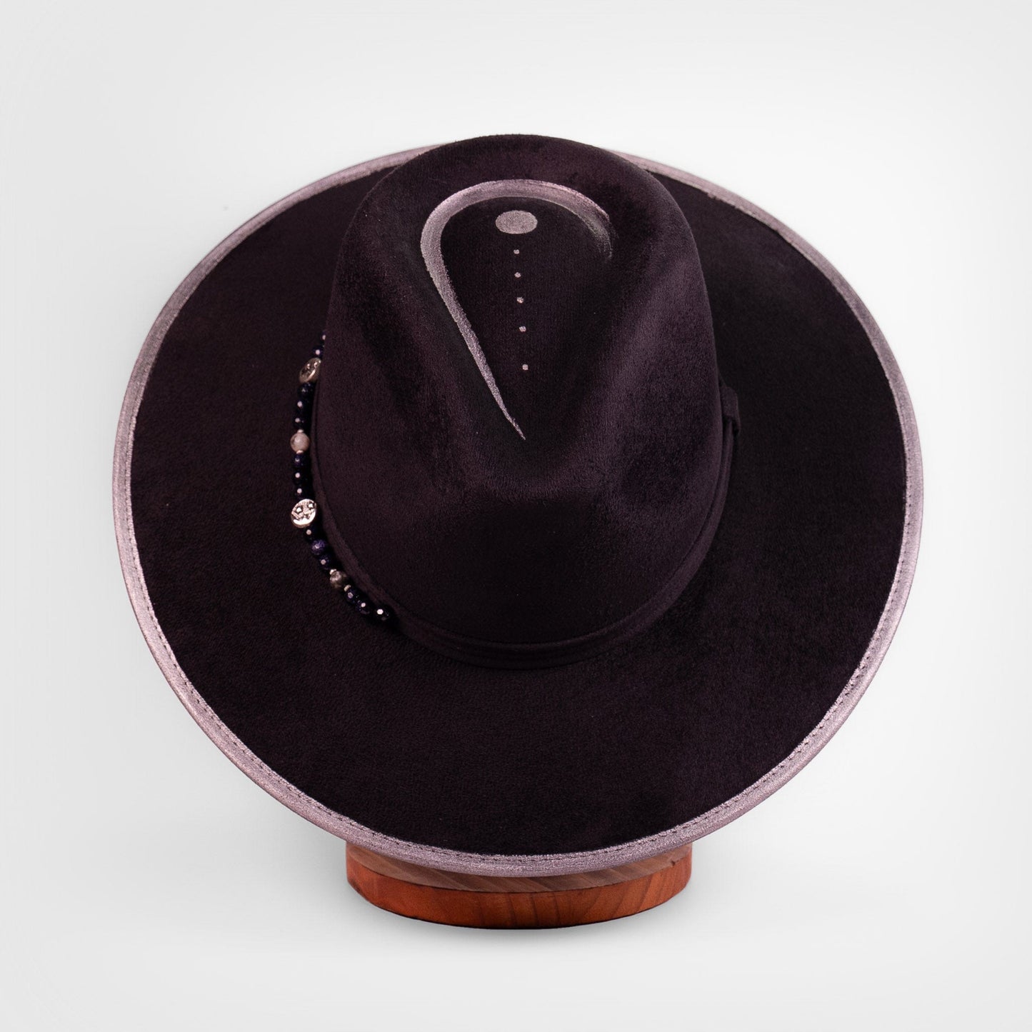 Aukala Hat Lunar Eclipse – Black Suede Fedora with Silver Accents & Celestial Art