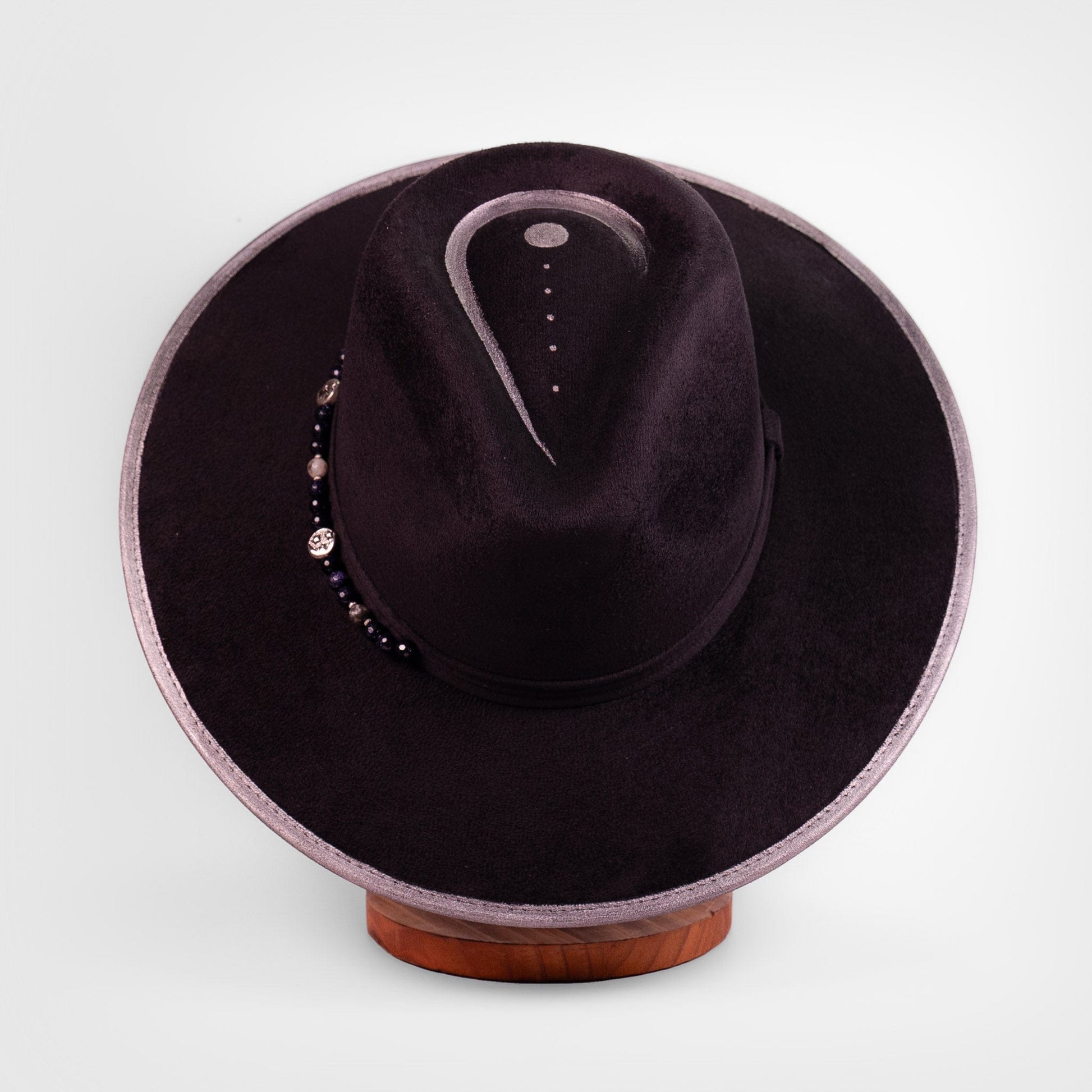 Aukala Hat Lunar Eclipse – Black Suede Fedora with Silver Accents & Celestial Art