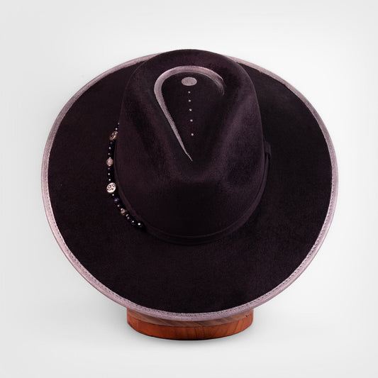 Aukala Hat Lunar Eclipse – Black Suede Fedora with Silver Accents & Celestial Art