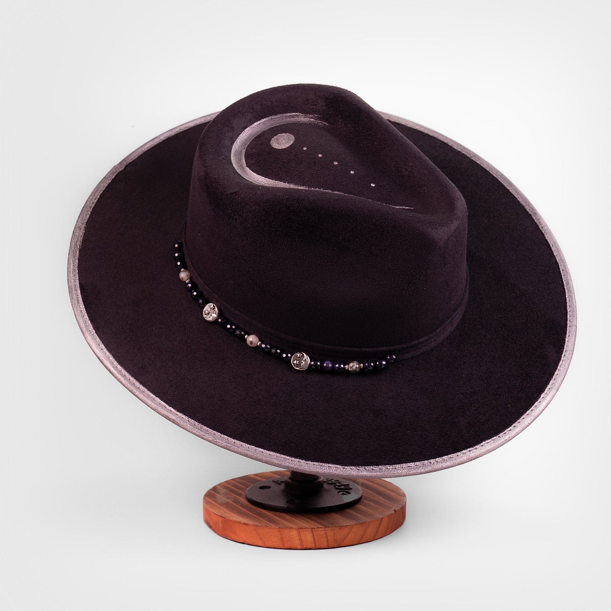Aukala Hat Lunar Eclipse – Black Suede Fedora with Silver Accents & Celestial Art