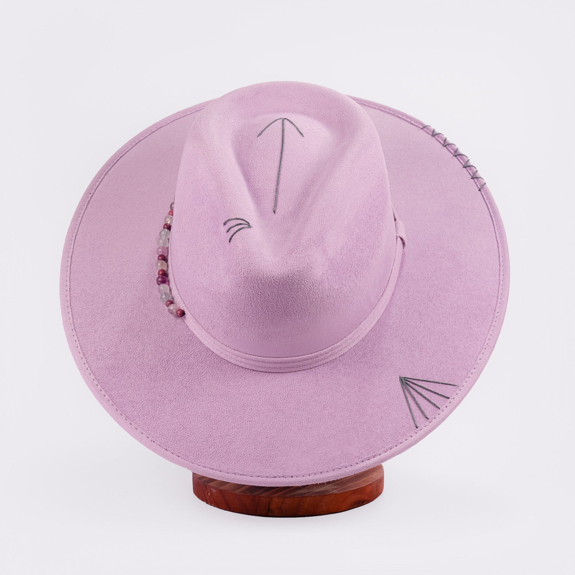 Aukala Hat M Handcrafted Boho Amaru Lilac Hat – Lavender Suede Fedora with Green Stitching & Beaded Accent