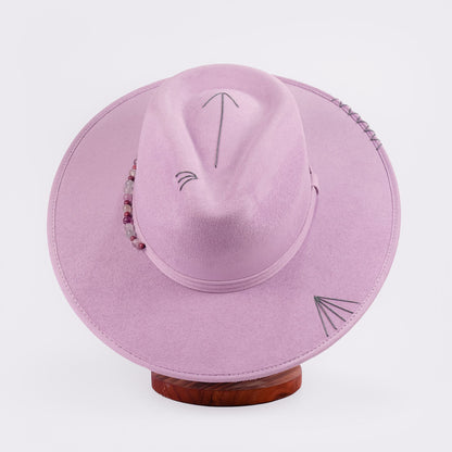 Aukala Hat M Handcrafted Boho Amaru Lilac Hat – Lavender Suede Fedora with Green Stitching & Beaded Accent