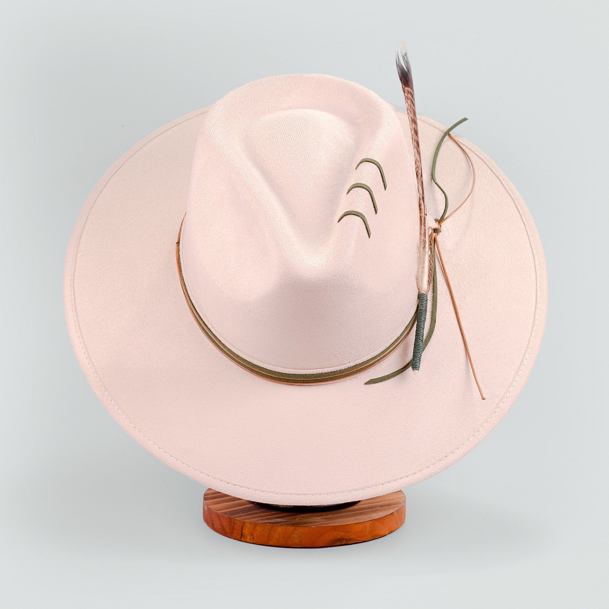 Aukala Hat M Handcrafted Boho Arandu Hat – Sand Suede Fedora with Feather Accent & Earthy Tones