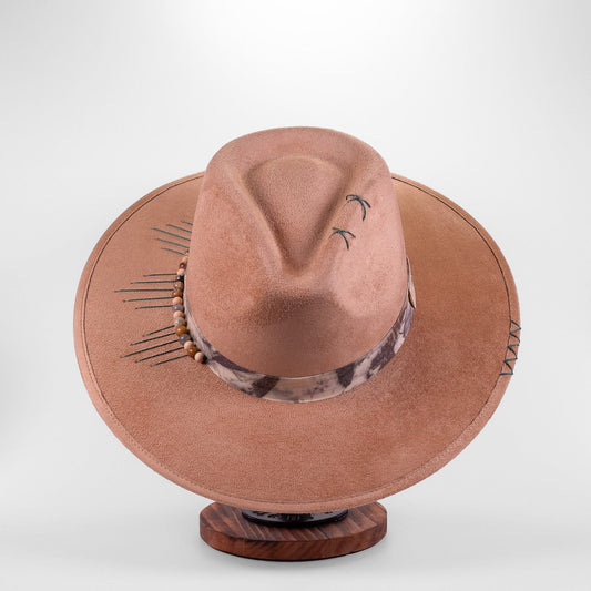 Aukala Hat M Handcrafted Boho Aruma Hat – Terracotta Suede Fedora with Agate Print Band & Sunburst Stitching