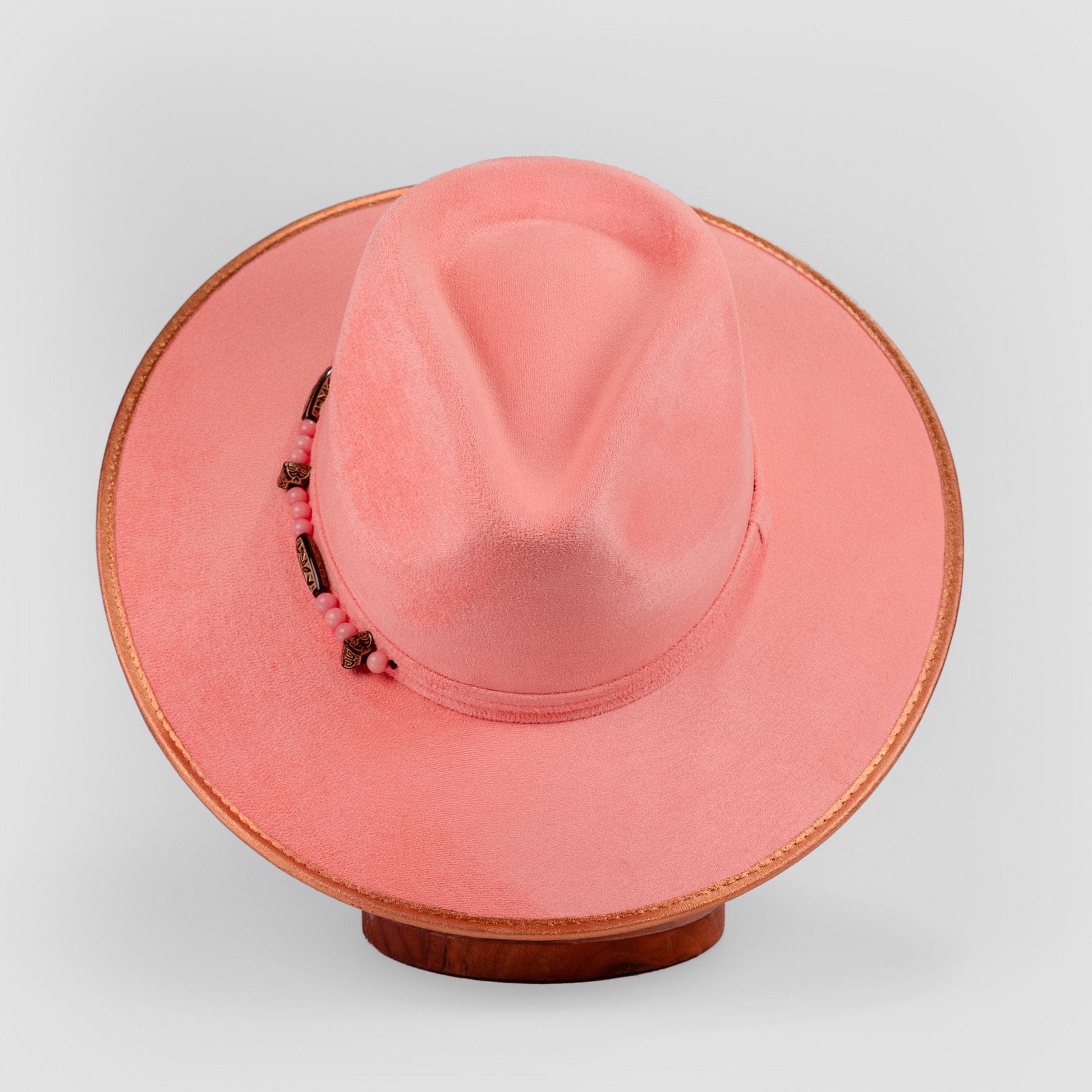 Aukala Hat M Handcrafted Boho Coral Sunset Hat – Blush Suede Fedora with Gold Trim & Beaded Accents