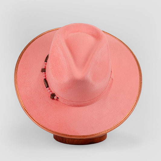 Aukala Hat M Handcrafted Boho Coral Sunset Hat – Blush Suede Fedora with Gold Trim & Beaded Accents