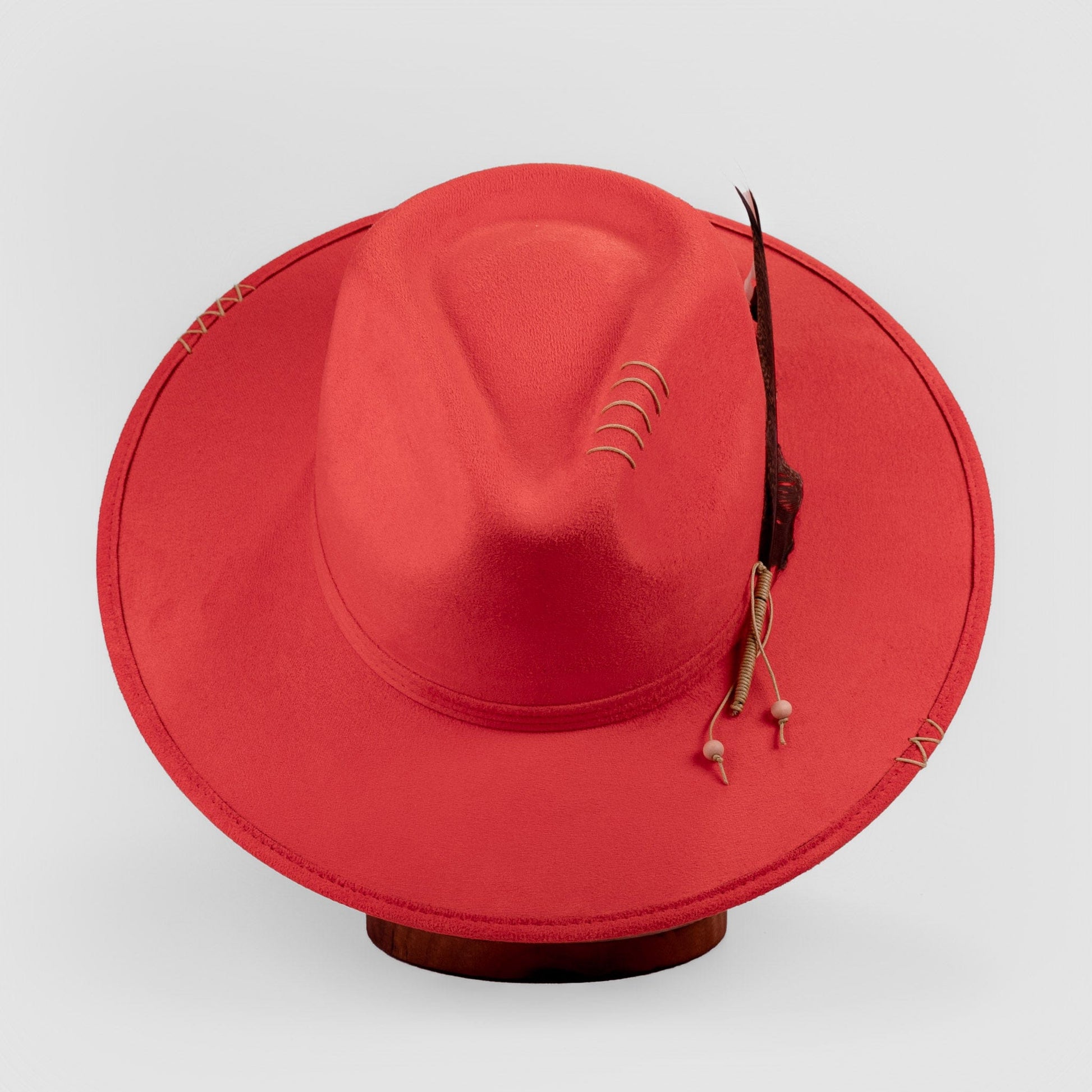 Aukala Hat M Handcrafted Boho Ember Horizon Hat – Fiery Red Suede Fedora with Feather & Beaded Accents