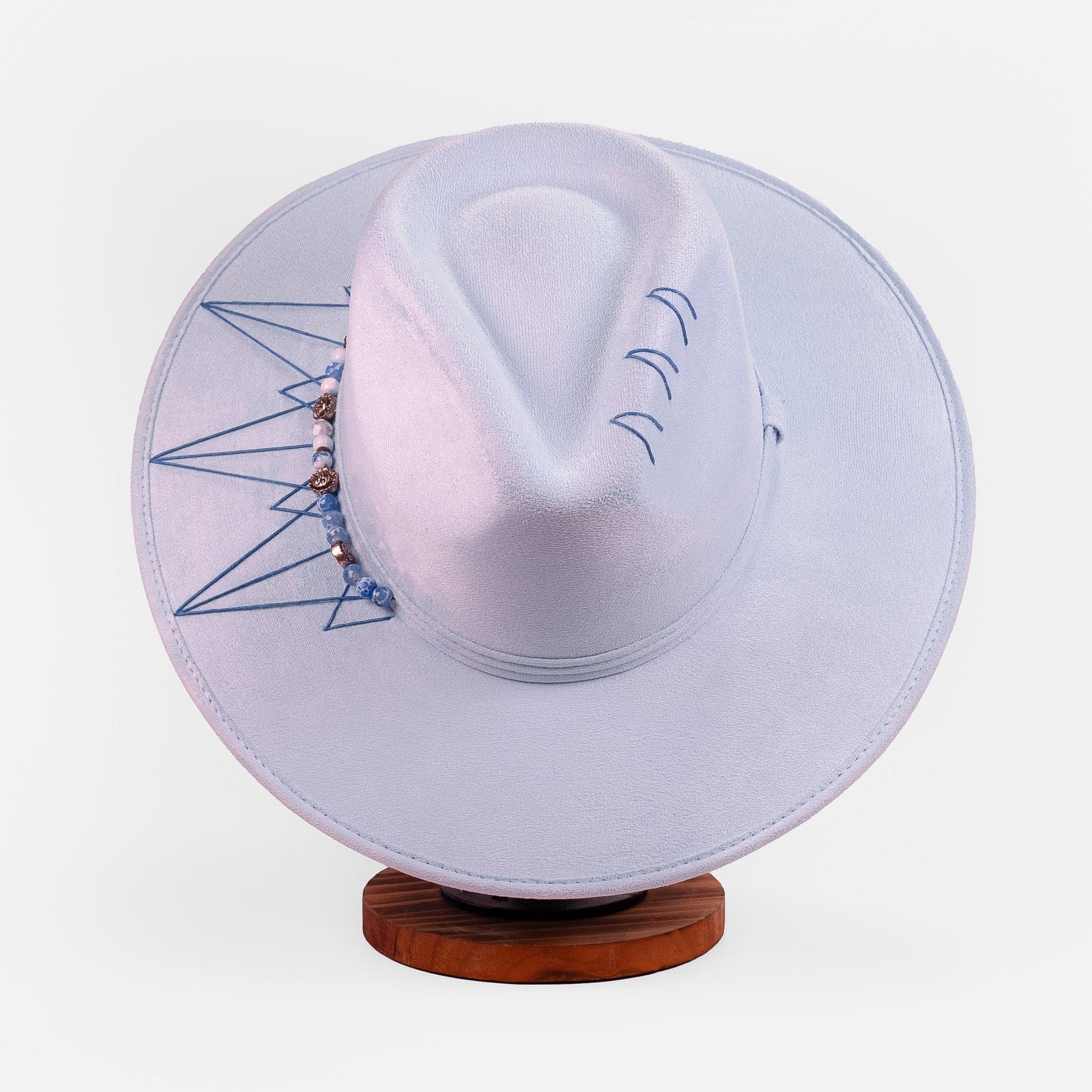 Aukala Hat M Handcrafted Boho Illari Hat – Light Blue Suede Fedora with Embroidered Details & Beaded Accents
