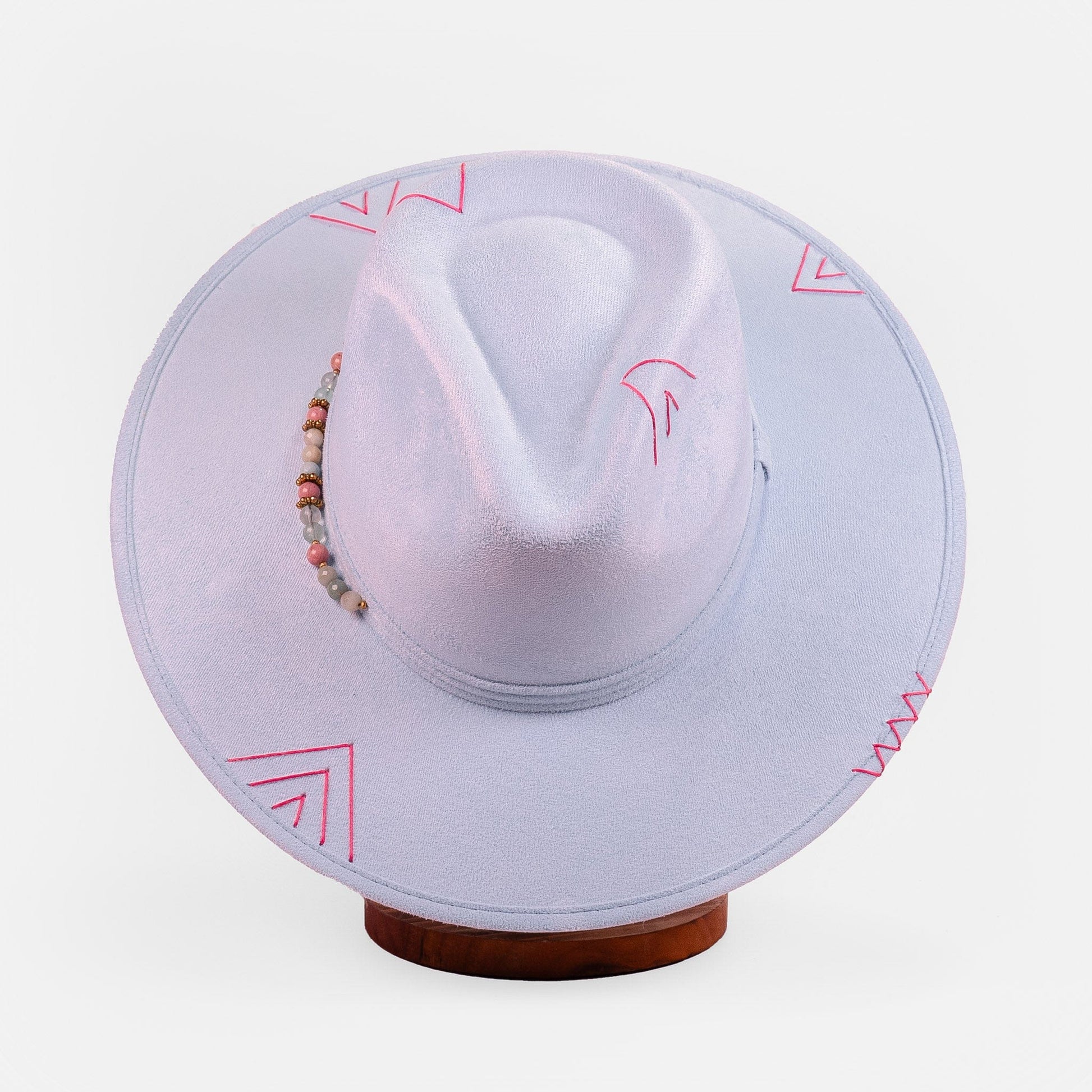 Aukala Hat M Handcrafted Boho Inti Mist Hat – Soft Blue Suede Fedora with Pink Embroidery & Beaded Accents