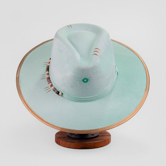 Aukala Hat M Handcrafted Boho Itzá Jade Hat – Aqua Suede Fedora with Gold Trim & Beaded Accents