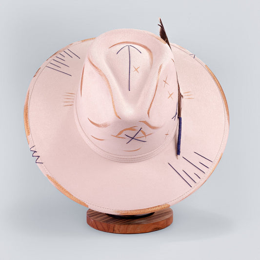 Aukala Hat M Handcrafted Boho Kinam Hat – Beige Suede Fedora with Gold & Blue Tribal Accents