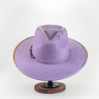Aukala Hat M Handcrafted Boho Lavender Sky Hat – Suede Fedora with Gold Trim & Multicolor Semi-Precious Beads