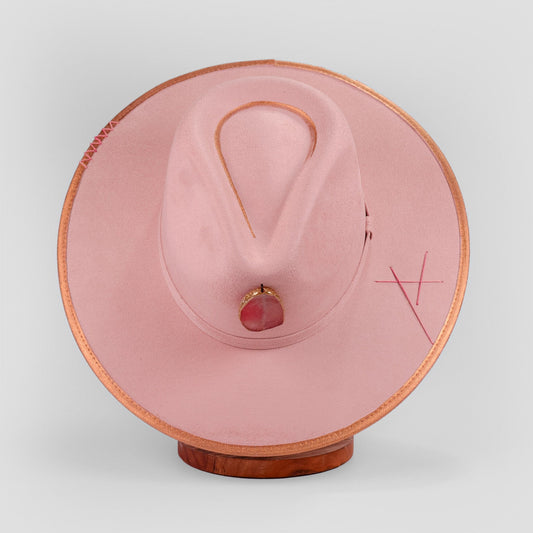 Aukala Hat M Handcrafted Boho Rose Quartz Aura Hat – Blush Pink Suede Fedora with Gold Trim & Rose Quartz Accent