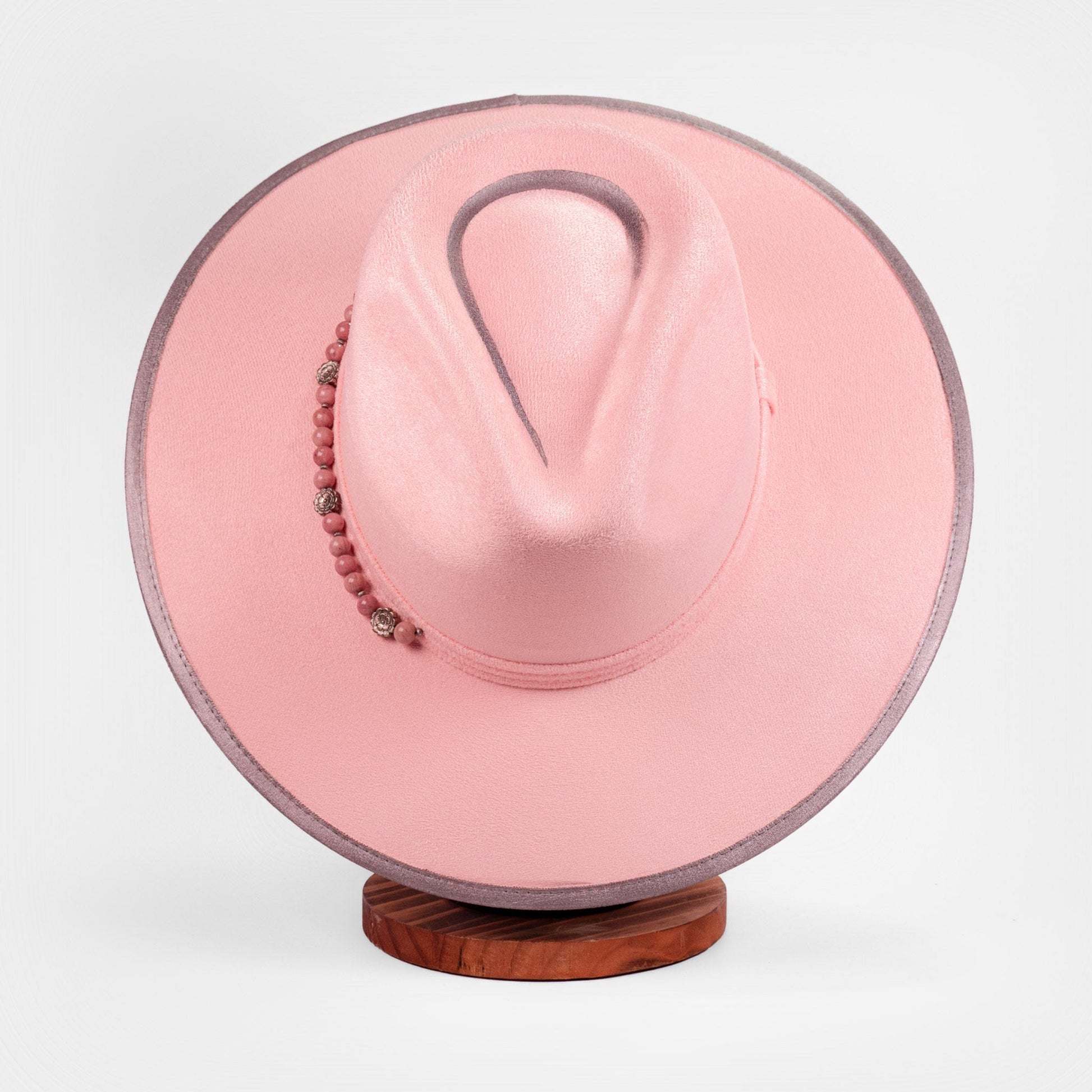 Aukala Hat M Handcrafted Boho Rose Quartz Halo Hat – Soft Pink Suede Fedora with Silver Trim & Beaded Accent