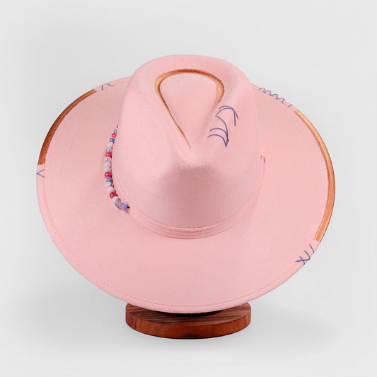 Aukala Hat M Handcrafted Boho Sak Nah Rosa Hat – Blush Pink Suede Fedora with Gold Trim & Beaded Accent