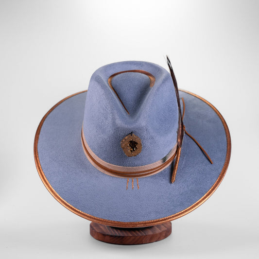 Aukala Hat M Handcrafted Boho Sky Hat – Denin Suede Fedora with Gold Trim