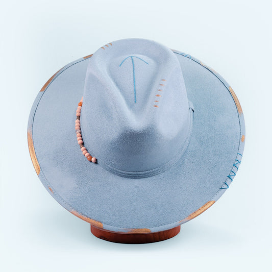 Aukala Hat M Handcrafted Boho Skyway Hat – Serenity Blue Suede Fedora with Beaded Accents & Gold Details
