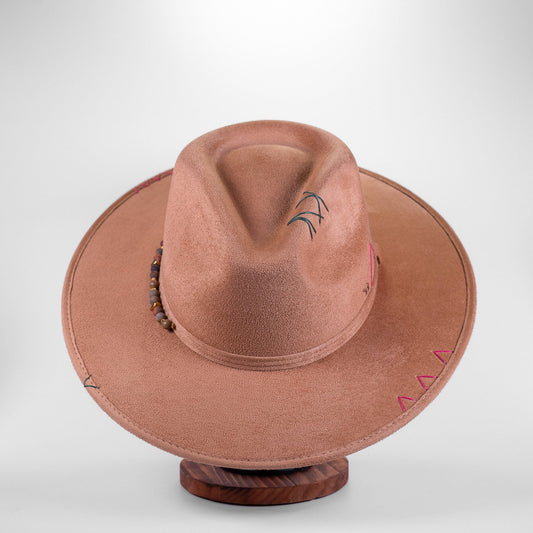 Aukala Hat M Handcrafted Boho Sunrise – Blush Suede Fedora with Artisan Stitches