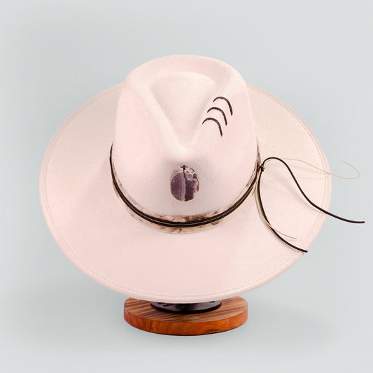Aukala Hat M Handcrafted Boho Western Hat – Sand Suede Fedora with Black Gemstone & Leather Accents