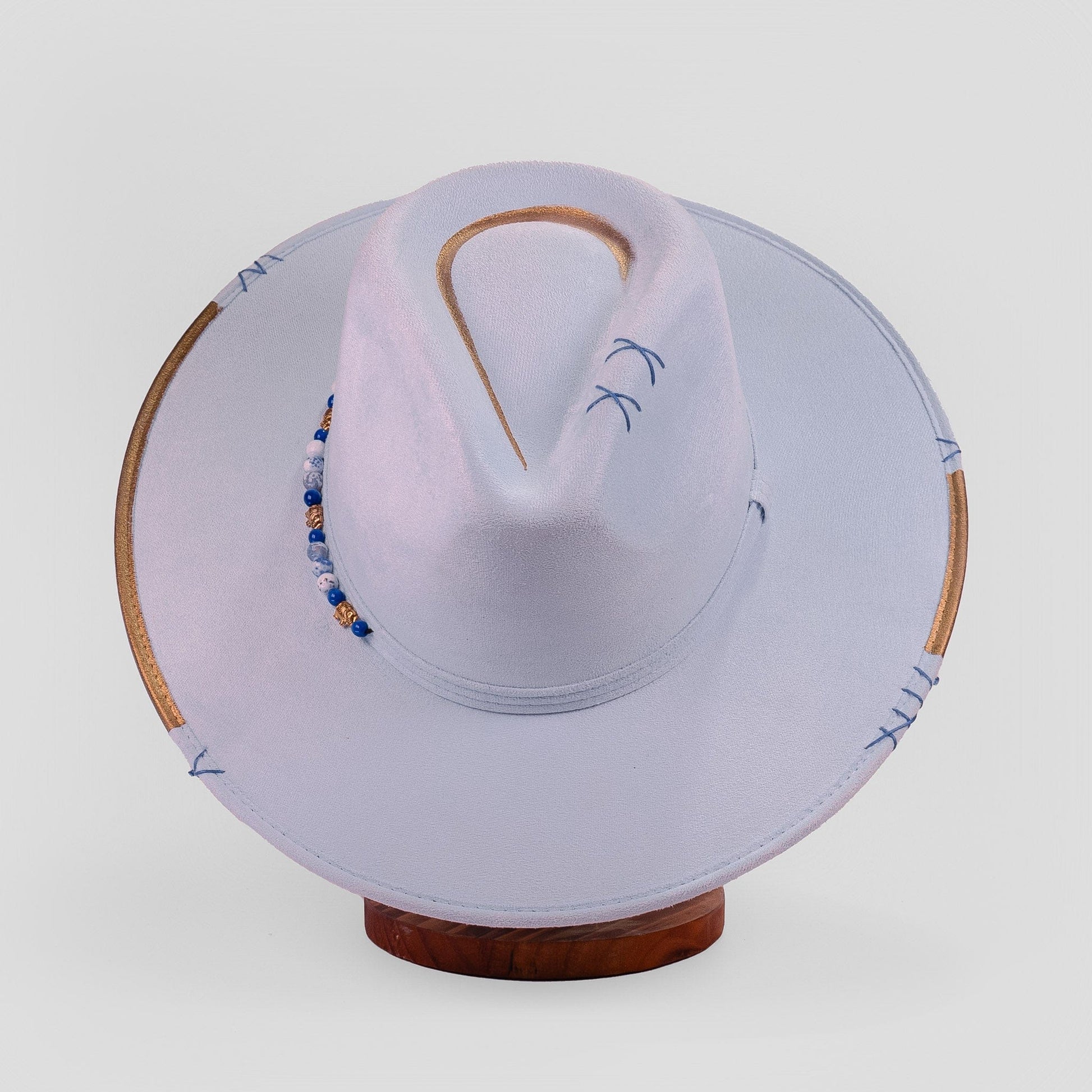 Aukala Hat M Handcrafted Boho Yaku Sky Hat – Sky Blue Suede Fedora with Gold Trim & Beaded Accent