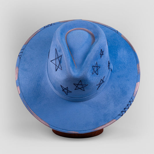 Aukala Hat M / Silver Handcrafted Celestial Blue Suede Hat – Starry Boho Western Fedora with Gold Trim