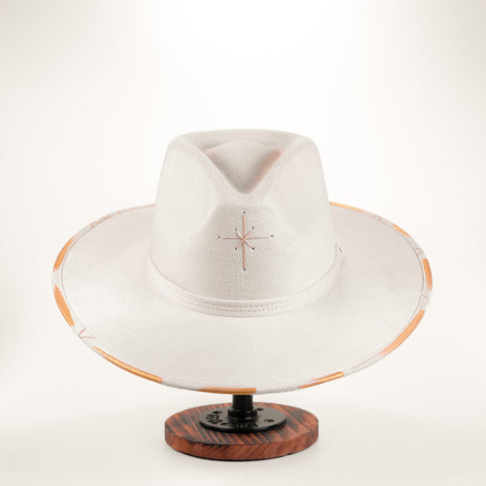 Aukala Hat M / White Handcrafted Ixchel Star Hat – White Suede Fedora with Cosmic Embroidery