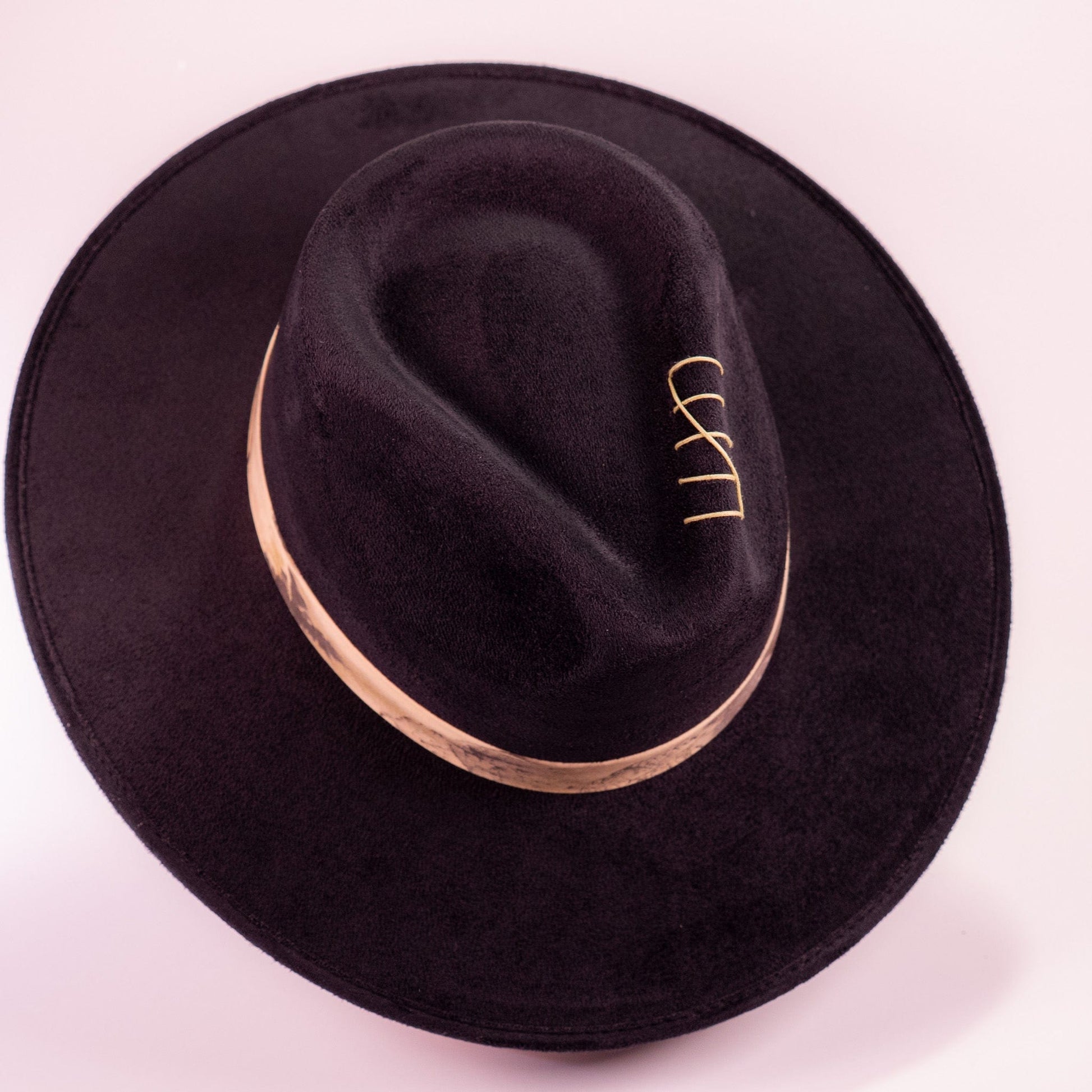 Aukala Hat Solstice – Black Suede Fedora with Ecoprinted Band & Hand-Stitched Accents