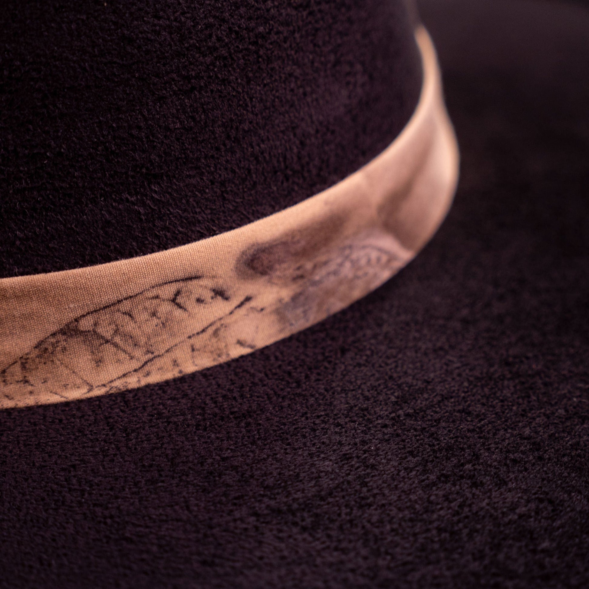 Aukala Hat Solstice – Black Suede Fedora with Ecoprinted Band & Hand-Stitched Accents