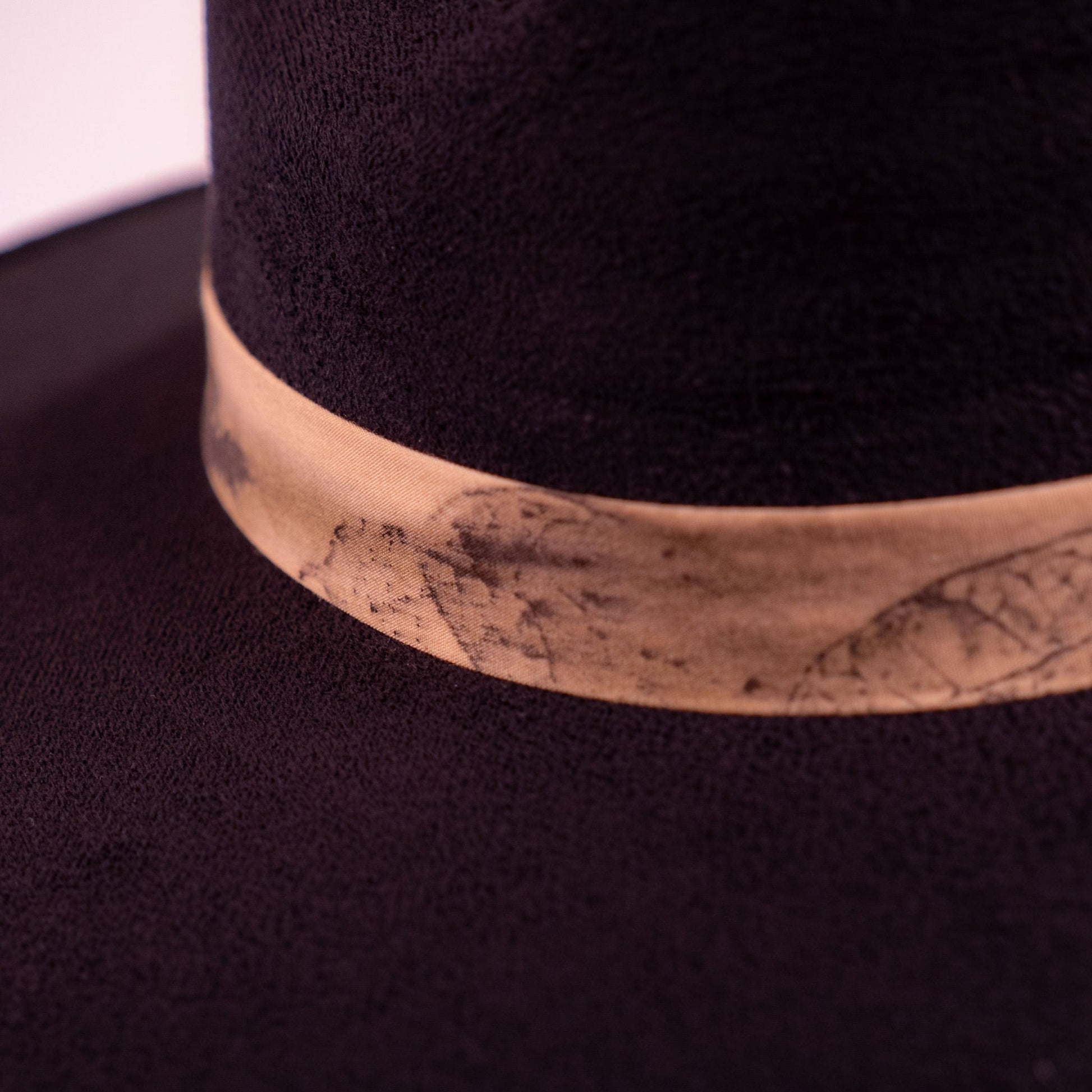 Aukala Hat Solstice – Black Suede Fedora with Ecoprinted Band & Hand-Stitched Accents