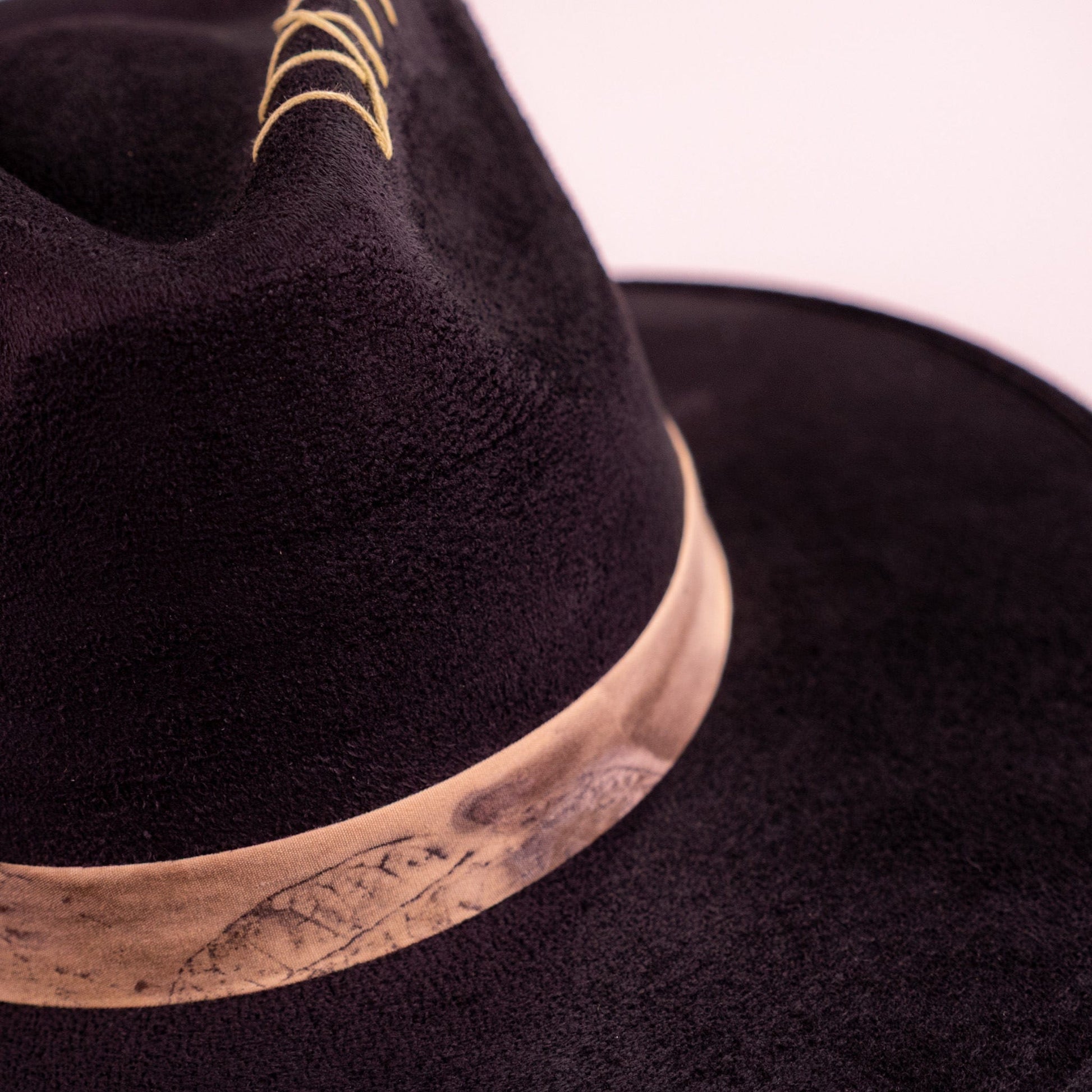 Aukala Hat Solstice – Black Suede Fedora with Ecoprinted Band & Hand-Stitched Accents