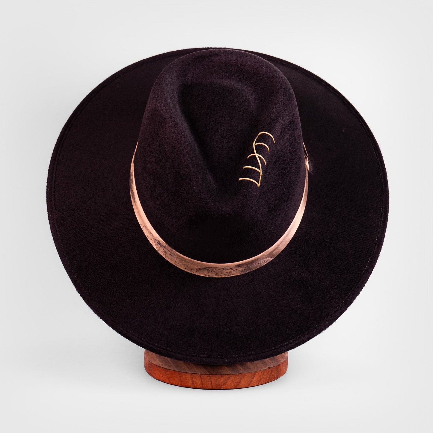 Aukala Hat Solstice – Black Suede Fedora with Ecoprinted Band & Hand-Stitched Accents