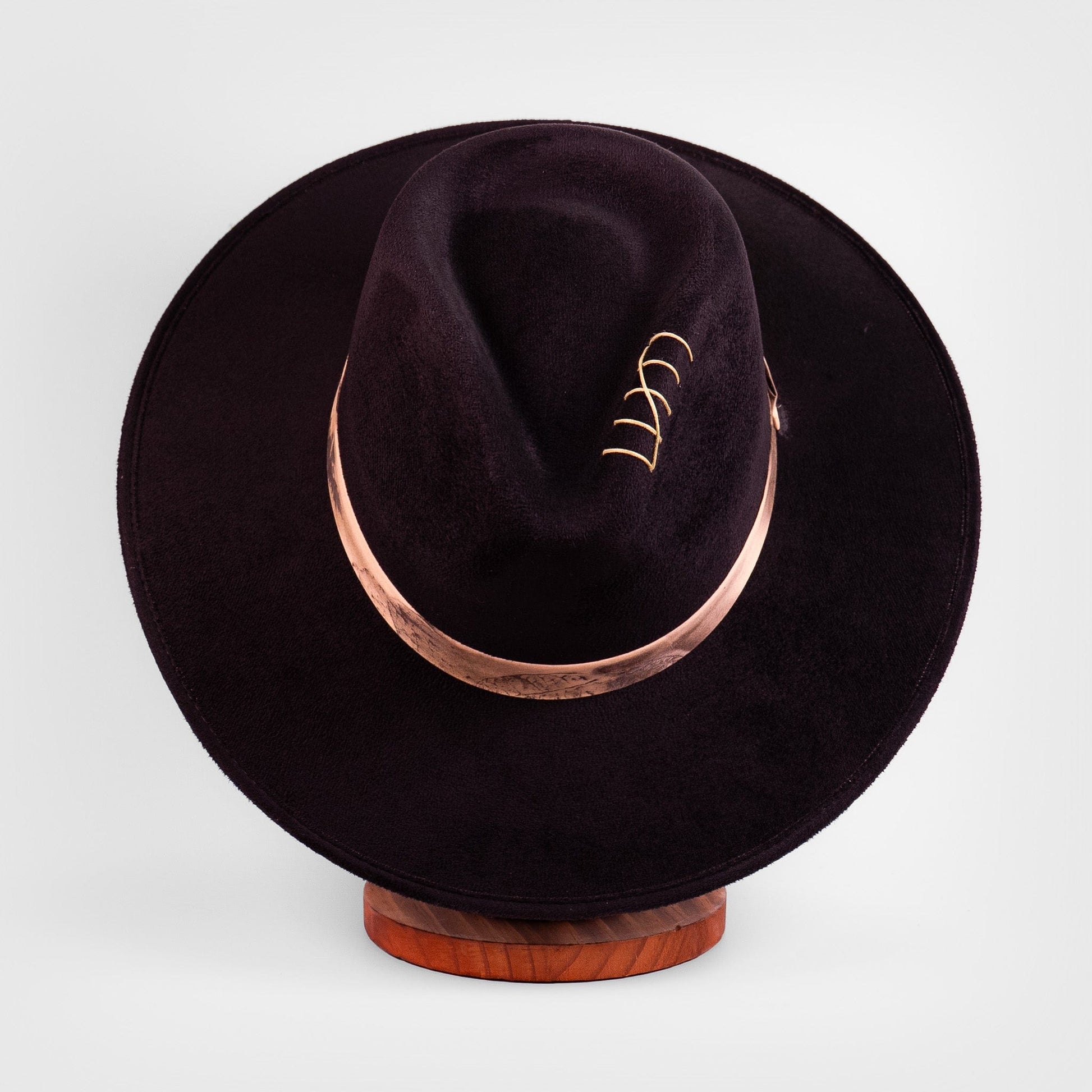 Aukala Hat Solstice – Black Suede Fedora with Ecoprinted Band & Hand-Stitched Accents