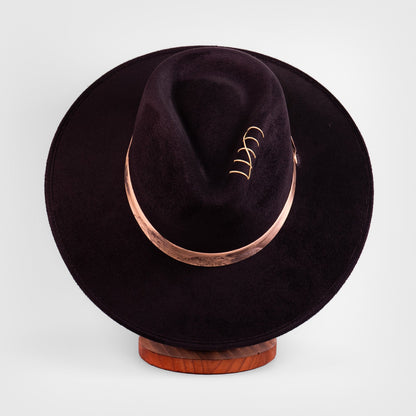 Aukala Hat Solstice – Black Suede Fedora with Ecoprinted Band & Hand-Stitched Accents
