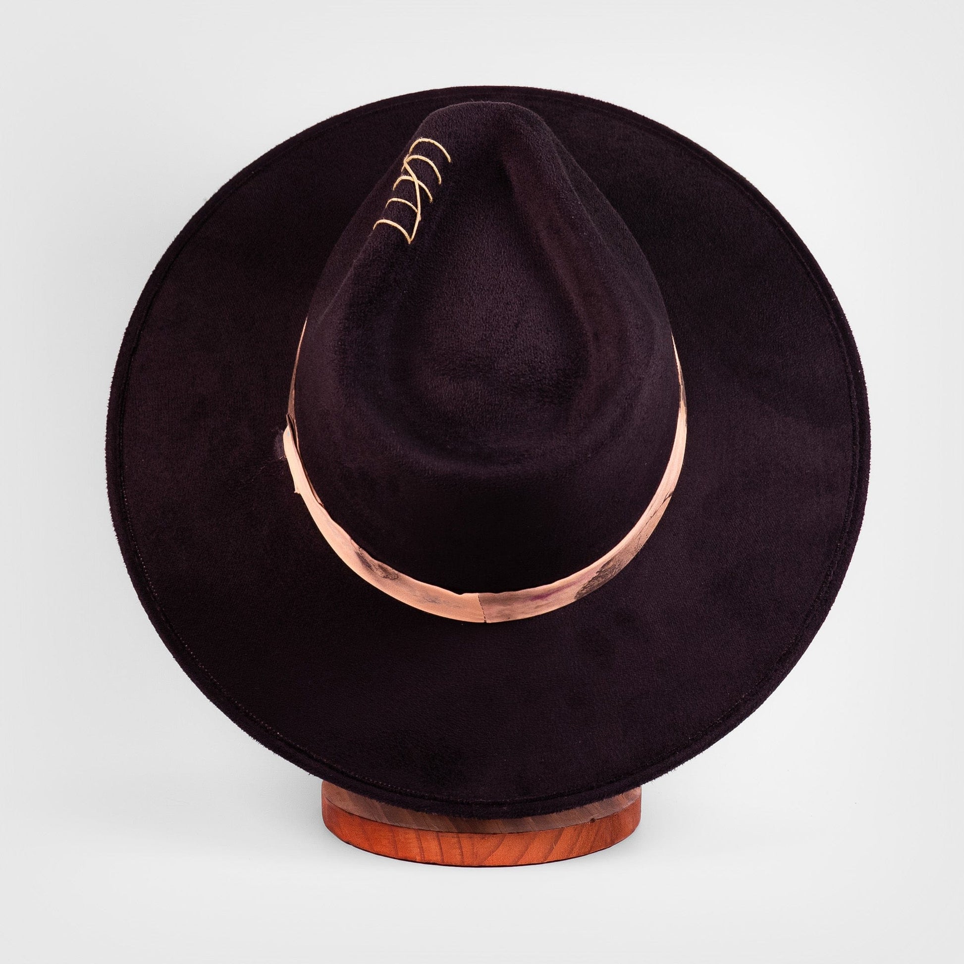 Aukala Hat Solstice – Black Suede Fedora with Ecoprinted Band & Hand-Stitched Accents