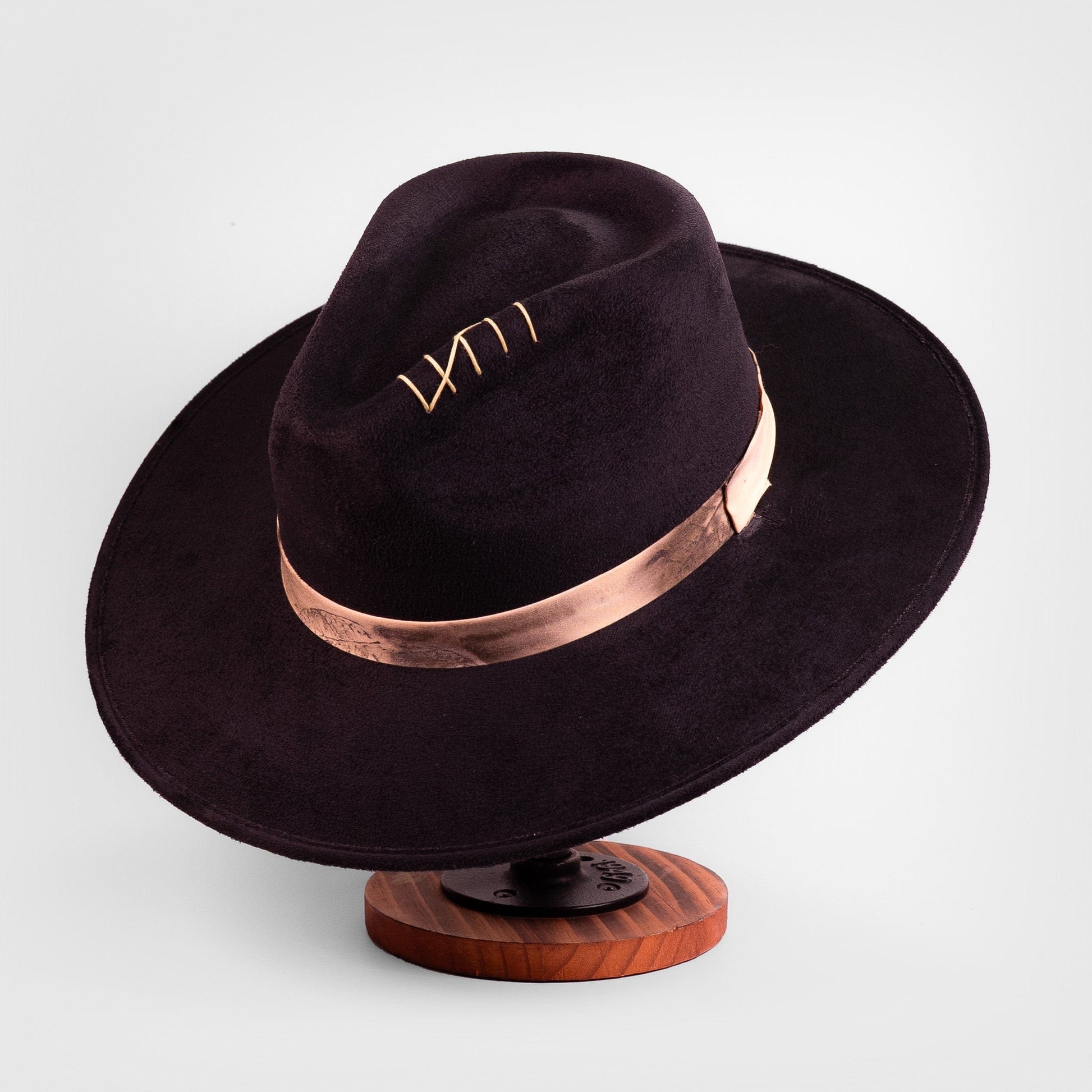 Aukala Hat Solstice – Black Suede Fedora with Ecoprinted Band & Hand-Stitched Accents