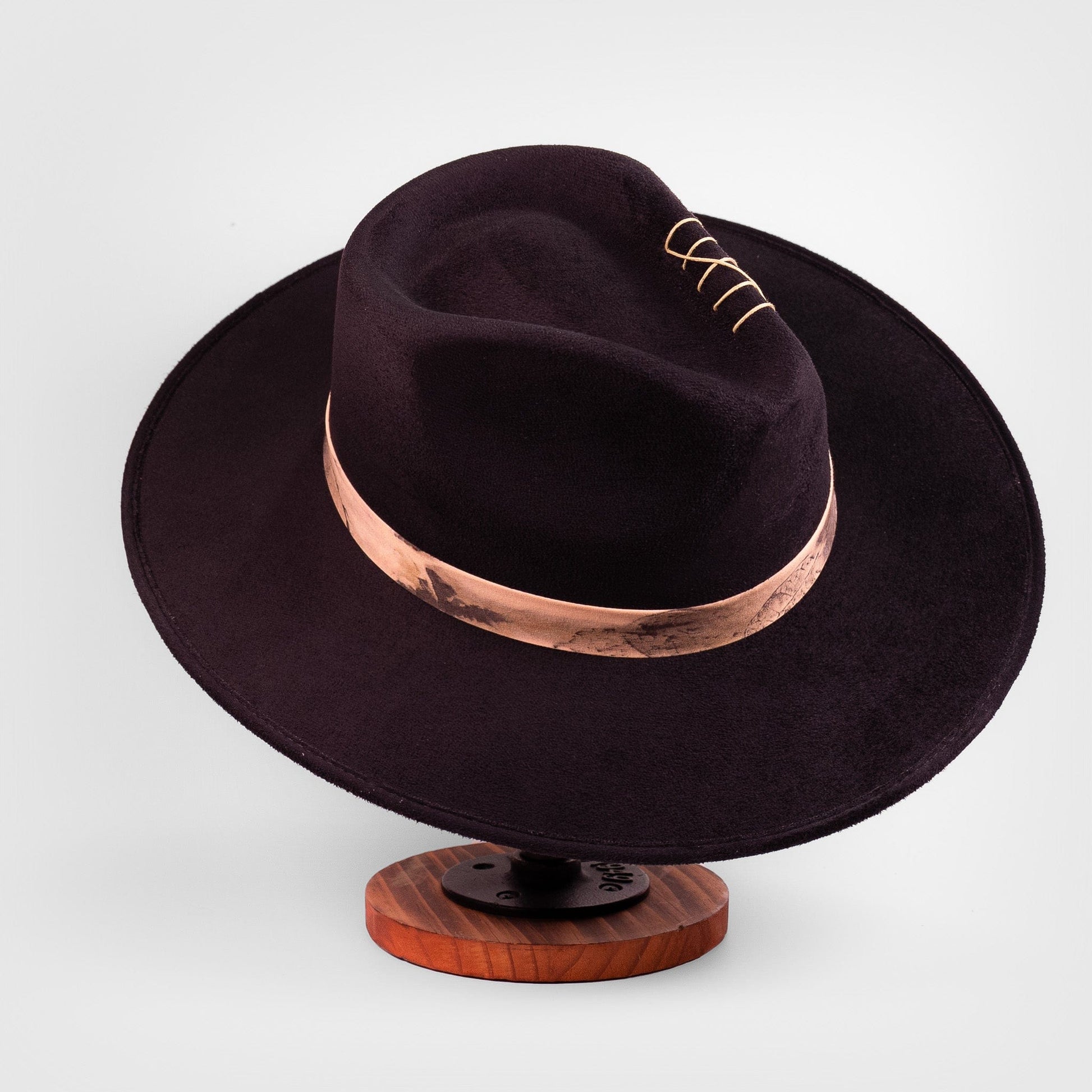 Aukala Hat Solstice – Black Suede Fedora with Ecoprinted Band & Hand-Stitched Accents