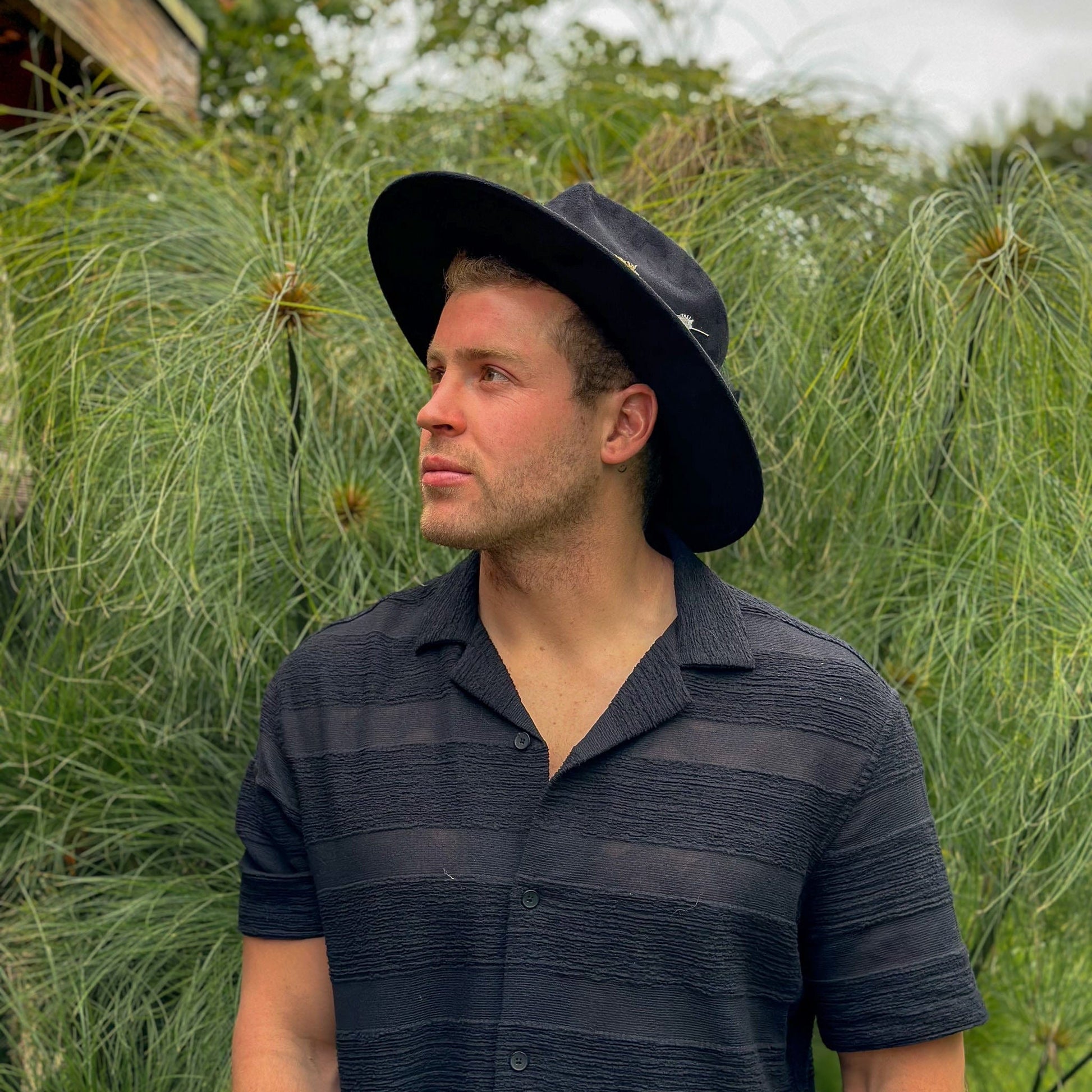 Aukala Hat Solstice – Black Suede Fedora with Ecoprinted Band & Hand-Stitched Accents