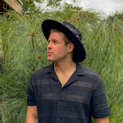 Aukala Hat Solstice – Black Suede Fedora with Ecoprinted Band & Hand-Stitched Accents