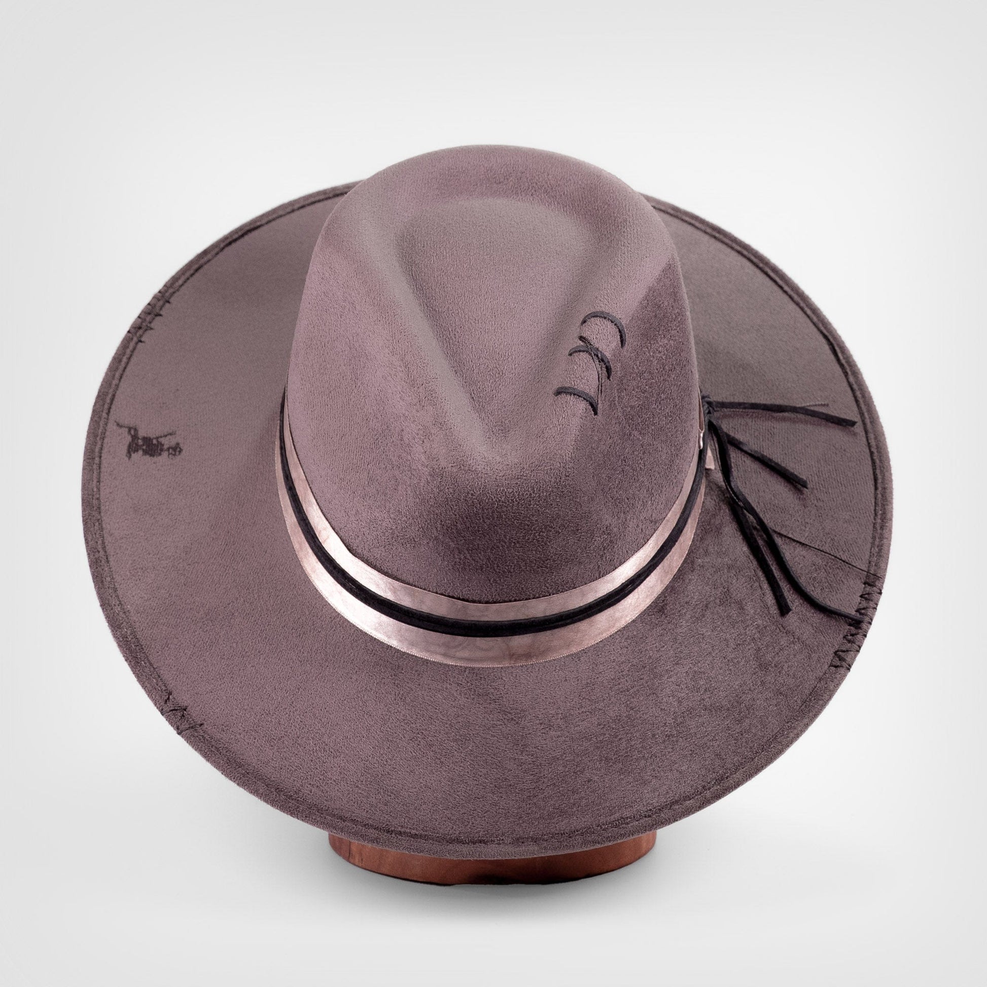 Aukala Hat XL Handcrafted Boho Tepu Gris Hat – Charcoal Gray Suede Fedora with Metallic Trim & Leather Accents