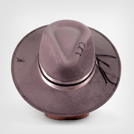 Aukala Hat XL Handcrafted Boho Tepu Gris Hat – Charcoal Gray Suede Fedora with Metallic Trim & Leather Accents