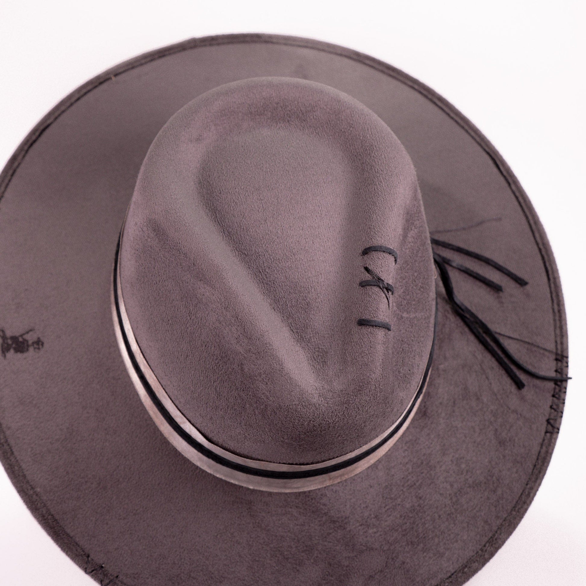 Aukala Hat XL Handcrafted Boho Tepu Gris Hat – Charcoal Gray Suede Fedora with Metallic Trim & Leather Accents