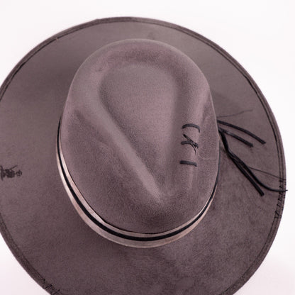 Aukala Hat XL Handcrafted Boho Tepu Gris Hat – Charcoal Gray Suede Fedora with Metallic Trim & Leather Accents